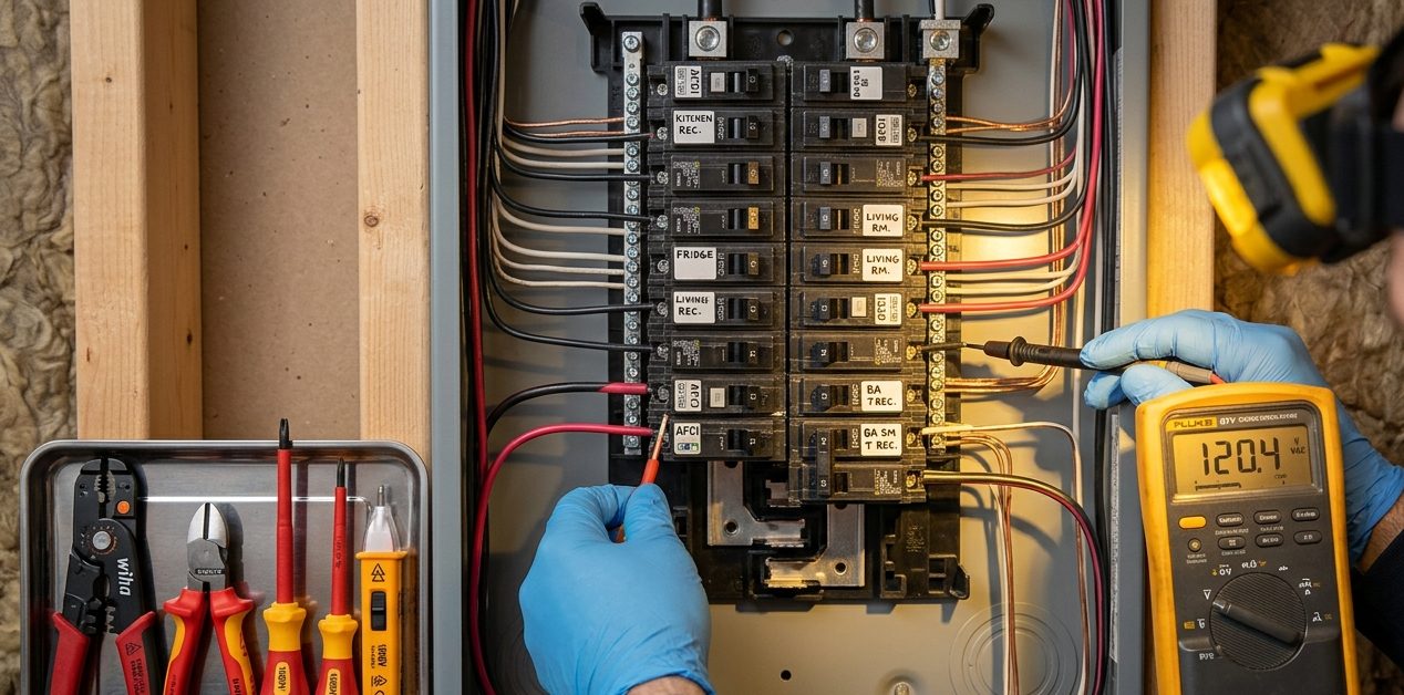 Electrician wiring a residential electrical panel