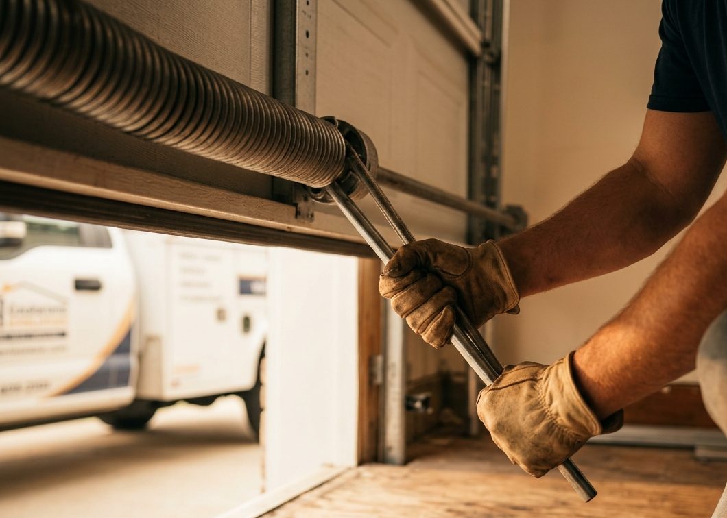 Installer winding a garage door torsion spring