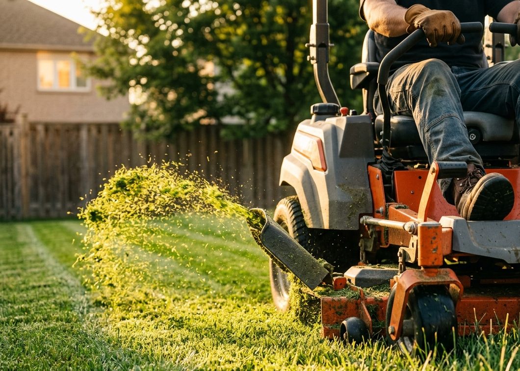 Commercial lawn mower cutting summer grass