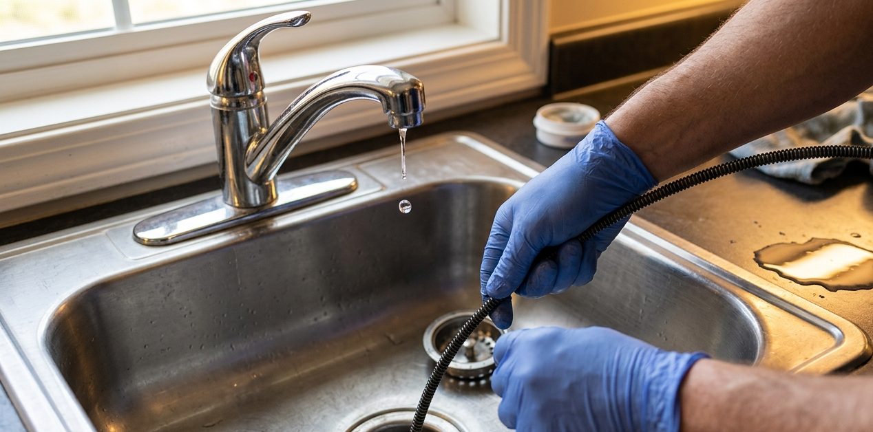 Plumber using a drain snake in a kitchen sink
